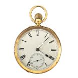 An 18ct gold open face pocket watch with white enamel dial, Roman numeral hour markings and