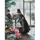 P. Masin, Oil on board copy of ‘Buying Flowers’ by Victor Gabriel Gilbert, interior and clothing
