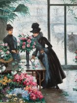 P. Masin, Oil on board copy of ‘Buying Flowers’ by Victor Gabriel Gilbert, interior and clothing