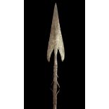 Sudanese long Arrow head tipped shaped spear, three sets of barbed prongs to spear head neck with