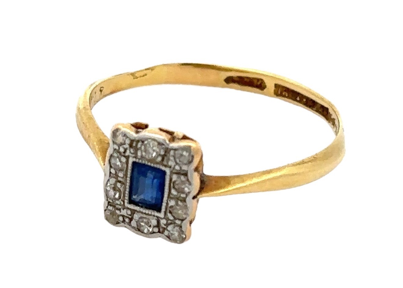 An Art Deco sapphire and diamond ring stamped 18ct and platinum, size Q. Weight 2.05g. Please see - Image 5 of 5