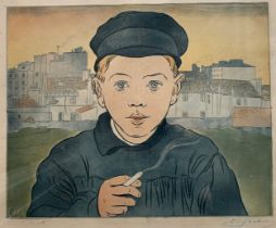 Eugène Delâtre (French, 1864-1938), ‘Marcel à la Cigarette’, colour aquatint etching on paper. ‘