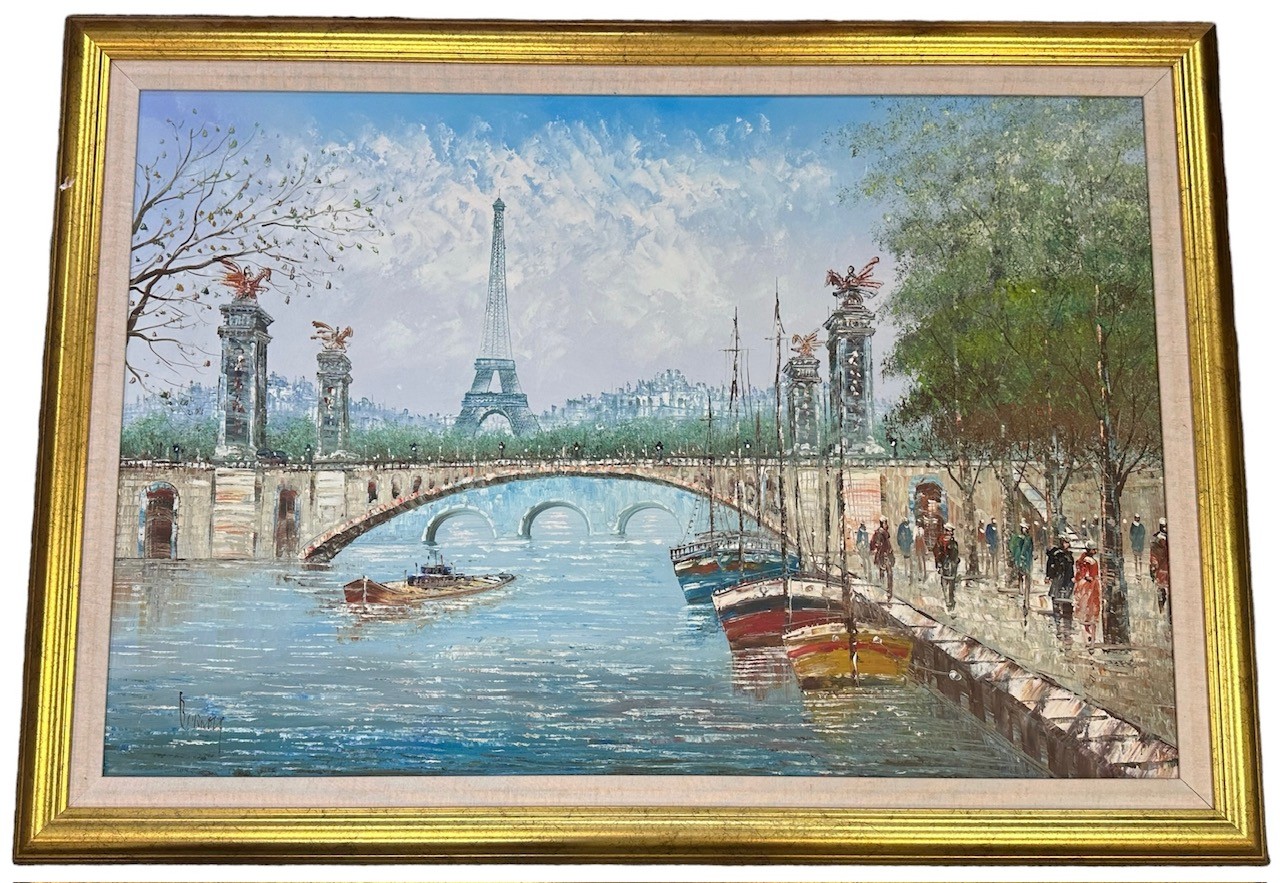 René Borivet (French), Oil on canvas painting of Paris from the River Seine, oil on canvas with - Image 2 of 3