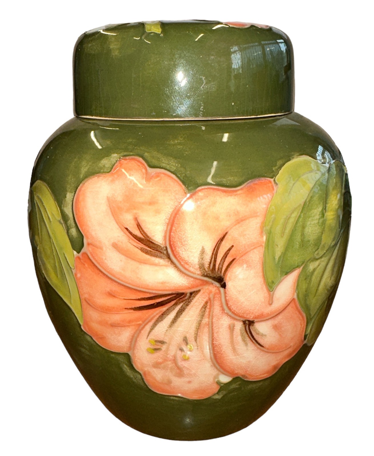Moorcroft – A Moorcroft Hibiscus pattern ginger jar, WM painted initials and Made in England