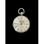 A small silver open face key-wind pocket watch. Silver dial with foliate decoration, Case diameter
