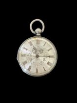 A small silver open face key-wind pocket watch. Silver dial with foliate decoration, Case diameter