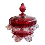 Victorian Cranberry Glass lidded sugar bowl, with petal exterior design (13 petals). Stood on six