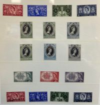 British Commonwealth 1953 Coronation complete M (many UM) on leaves. Qty 106, Cat £150 as UM. Qty