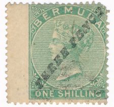 Bermuda – 1874 3d on 1s green U, wide perf on left side (SG 13), Cat. £850.