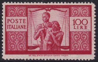 Italy 1946 Work, Justice and Family 100 lire carmine (SG 669), UM, Cat Val £550.