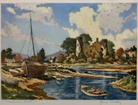 James Priddey (British, 1916-1980), ‘Laugharne Castle’ signed coloured aquatint print. Signed and