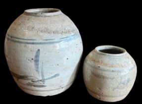 Chinese 18th Century pair of Pottery Jars, including, pale bluish-grey glaze with hand painted