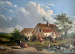 Évariste Carpentier (Belgian, 1845-1922), ‘A Rural Farmstead’ oil on board farmyard scene