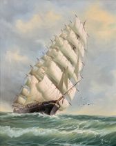 Y Jones (20th Century), oil on canvas painting of a masted sailing ship on choppy waters. Signed