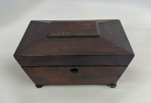 A vintage wooden tea caddy with two internal compartments. Dimensions approx 20.5 x 12 x 12cm.