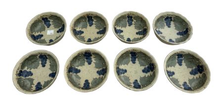 Set of eight Chinese hand painted small bowls, with berries and leaves interior design and blue ring