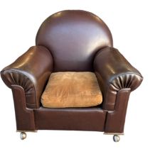 Art Deco style brown leather club type arm chair. width 100cm, depth 106cm.