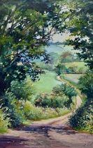 Pam Cox (British, 20th Century), ‘Devon Lane’, watercolour and pastel landscape. Signed lower right,