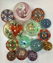 20th Century art glass paperweights, most assumed to be Murano, including Millefiori (10), interior