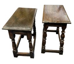 Two oak coffin stools Victorian / early 20th Century, heights approx. 52cm, width 53cm, depth 27 &