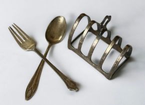 A silver toast rack, William Bruford & Son, London 1934. Also a 1930s silver spoon and fork.