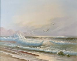 Edmonson (Contemporary), oil on canvas seascape of crashing waves and flying seagulls. Signed ‘