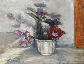 S. Vantill, Oil on canvas still life painting of a flower pot with purple and red flowers, next to a
