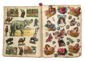 Victorian scrap book including animals, flowers and a range of newspaper clippings etc. Lots of