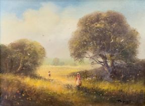 Ted Dyer (British, b. 1940), oil on canvas painting of children walking through a field, flanked
