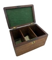 An 18th Century mahogany tea caddy with brass fixtures and three internal compartments. A key is