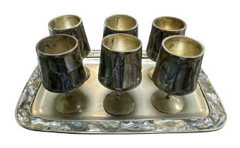 Vintage Alpaca Silver & Abalone cordial / shot set, silver untested, decorative set of six shot
