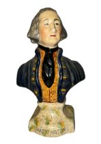 Porcelain, possibly Staffordshire, hand painted bust of George Washington. Unmarked to base.