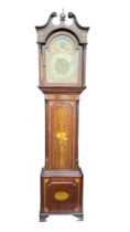 Gustav Becker longcase clock, arched brass dial inscribed with Arabic numerals, the backplate
