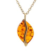 A 9ct gold amber pendant and chain. Pendant length 25mm. 3.46g. Please see the buyer's terms and