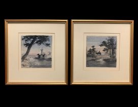 Pair of framed Japanese silk landscape paintings, The Yamato Silk Store Yokohama labels affixed to