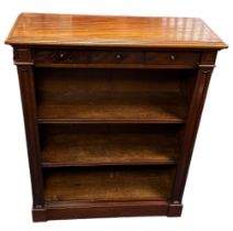 Mahogany bookcase with two adjustable shelves and 3 small drawers to the top. H111cm, W91cm, D36cm.