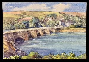 Donald Greig (British, 1916-2009), watercolour on artists board bridge landscape. Signed lower