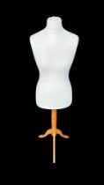 Dressmakers mannequin, polystyrene with cover on wooden stand with three feet. Height 135cm.