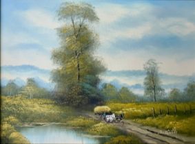 J Watt (British, Contemporary), oil on canvas landscape of a travelling horse and cart. Signed J