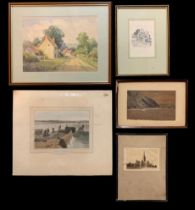 Selection of signed artworks, etchings & prints with; a watercolour landscape of a cottage signed by