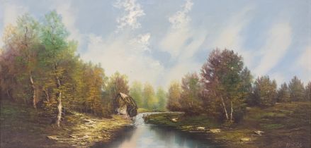 Wilhem Koenig (Austrian, 20th Century), large oil on canvas landscape of a river scene featuring a