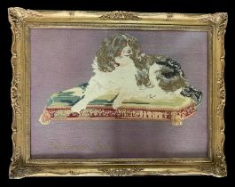 Victorian very large woolwork picture of a seated dog by Catherine Jenkins, 1864. With purple