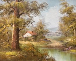 Mitchell (20th Century), oil on canvas landscape painting featuring a lakeside cottage and green