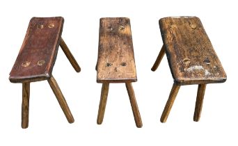 A range of 3 rustic Hungarian wooden stools. W46 x H38cm, W49 x H39cm and W43 x H39cm.