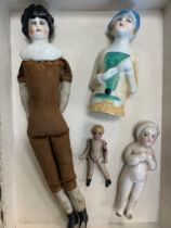Small selection of four antique dolls to include; Antique Miniature bisque pin jointed doll (