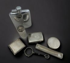 An assortment of silver and white metal items: Two hallmarked silver compacts with engine turned