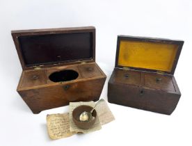 Two wooden sarcopaghus style tea caddies. One with silver plated spoon and wooden mixing bowl