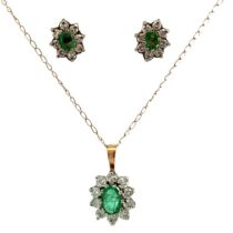 A yellow metal emerald and white stone necklace and earrings with a hallmarked 9ct emerald and white