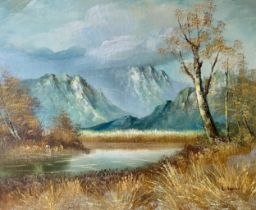 L Ayres (Contemporary), large oil on canvas mountainous landscape, lake to foreground with trees