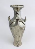 Art Nouveau Loïe Fuller dancer winged vase, chromed pewter (?), with polished finish. Three-
